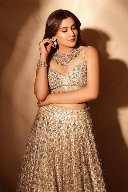Aastha Gill In Beige Ombre Lehenga Choli With Net Dupatta