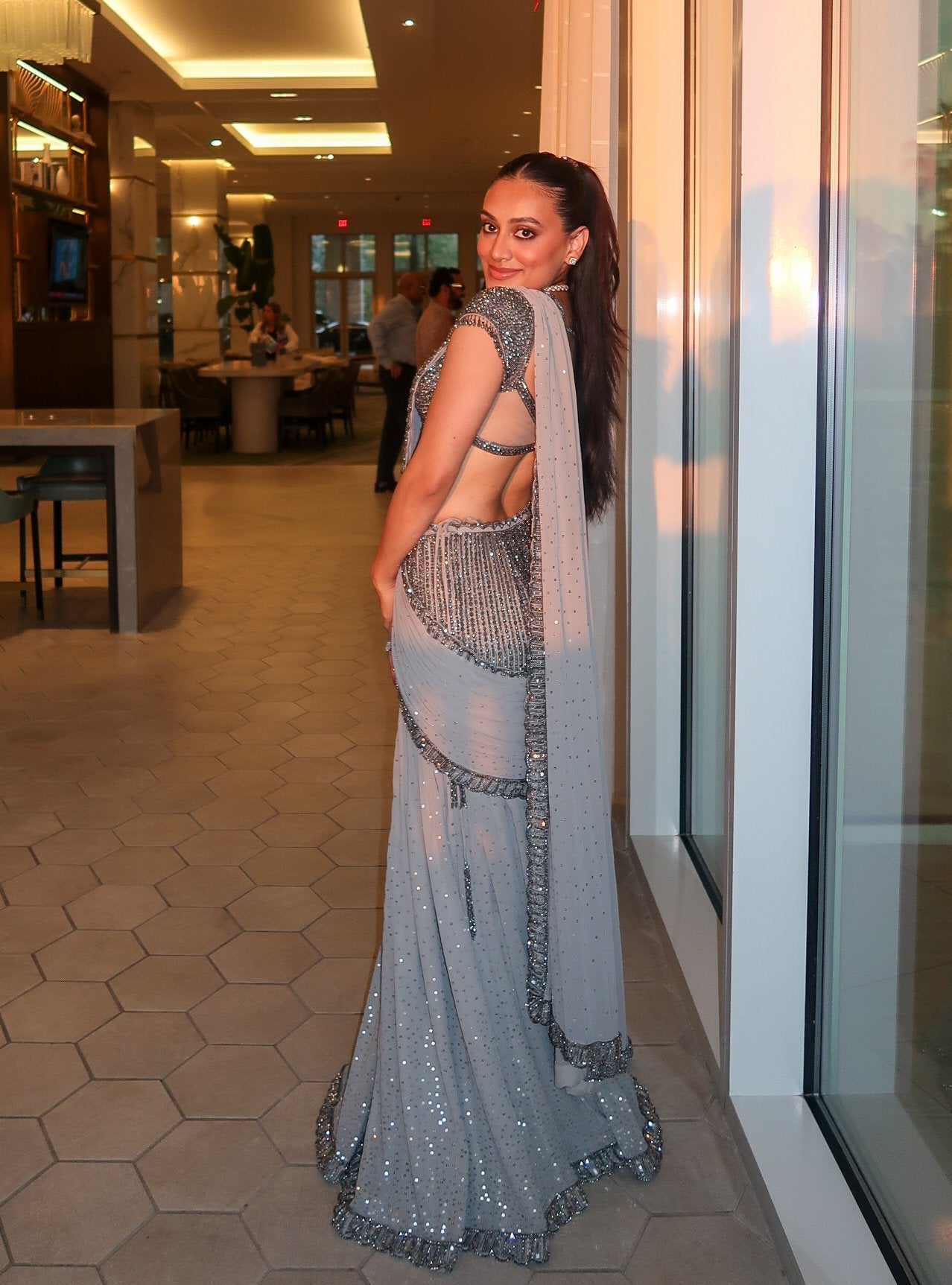 JULLY In Maya Crystal Grey Pre Draped Saree Set