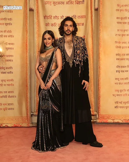 KOMAL PANDEY In Black Pre Draped Hand Embroidered Saree Set