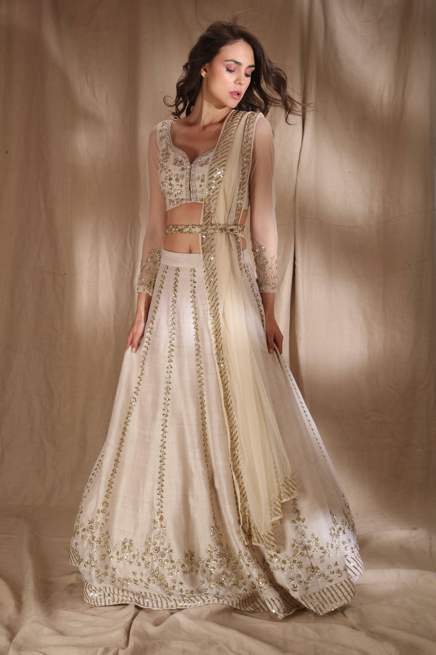 White And Gold Zari Sequin Lehenga