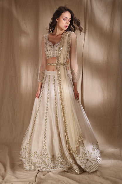 White And Gold Zari Sequin Lehenga