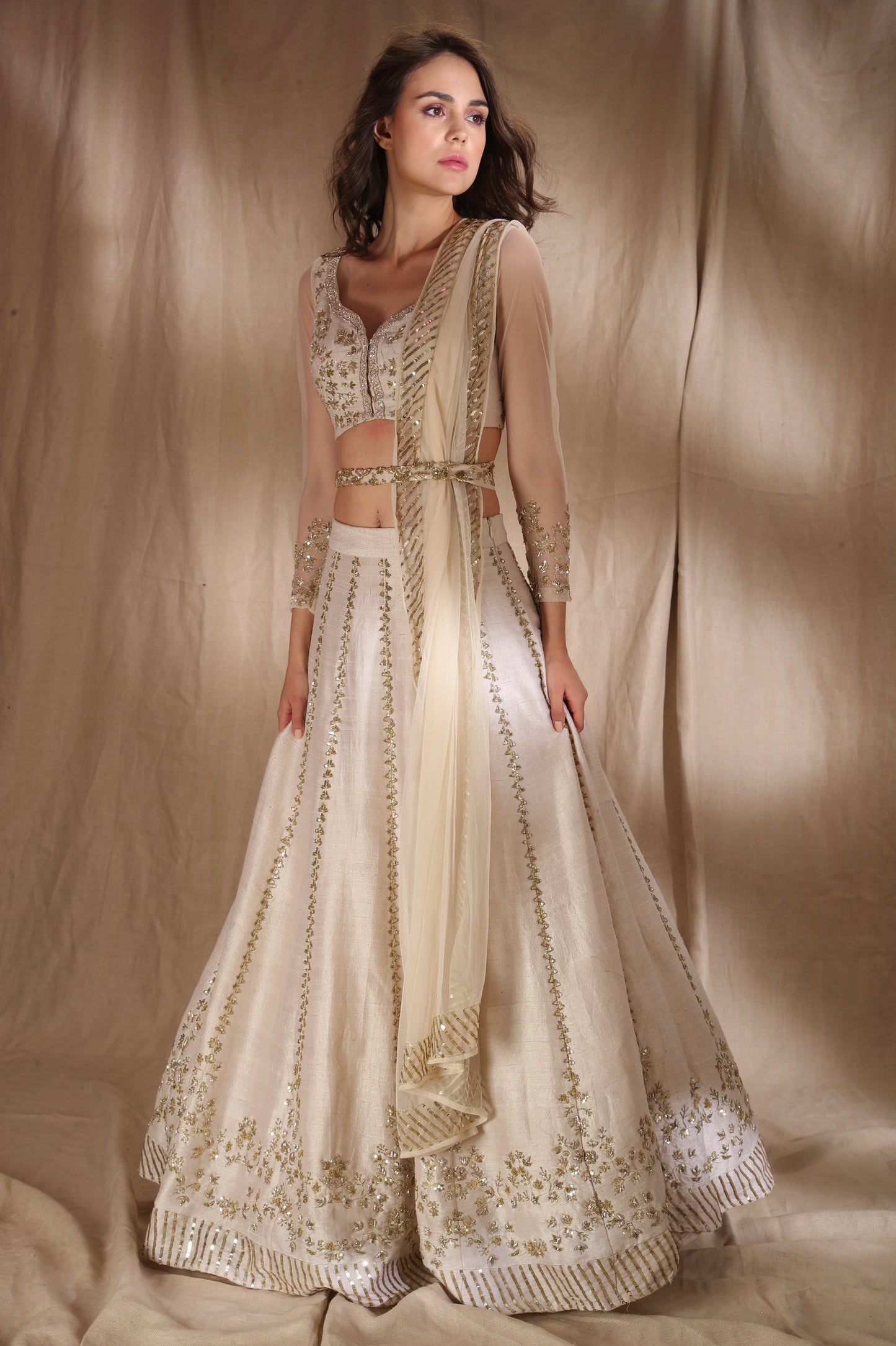 White And Gold Zari Sequin Lehenga