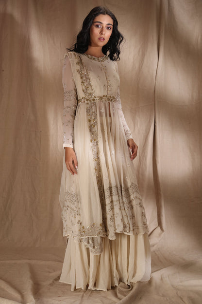 White And Gold Zari Front Open Jacket Set