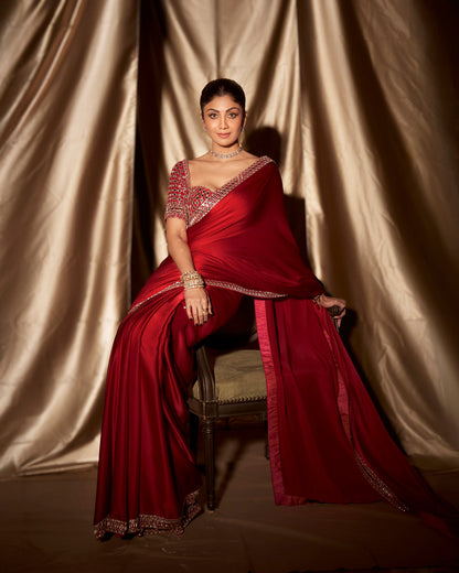 Crimson Red Satin Mirror Saree Set ( SHILPA SHETTY )