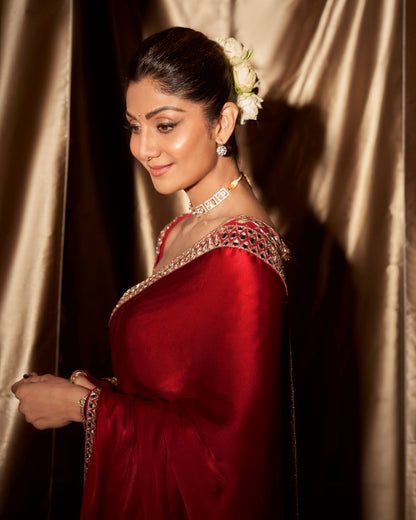 Crimson Red Satin Mirror Saree Set ( SHILPA SHETTY )