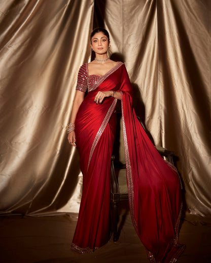 Crimson Red Satin Mirror Saree Set ( SHILPA SHETTY )