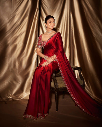 Crimson Red Satin Mirror Saree Set ( SHILPA SHETTY )