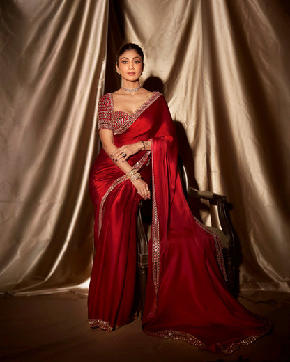 Crimson Red Satin Mirror Saree Set ( SHILPA SHETTY )