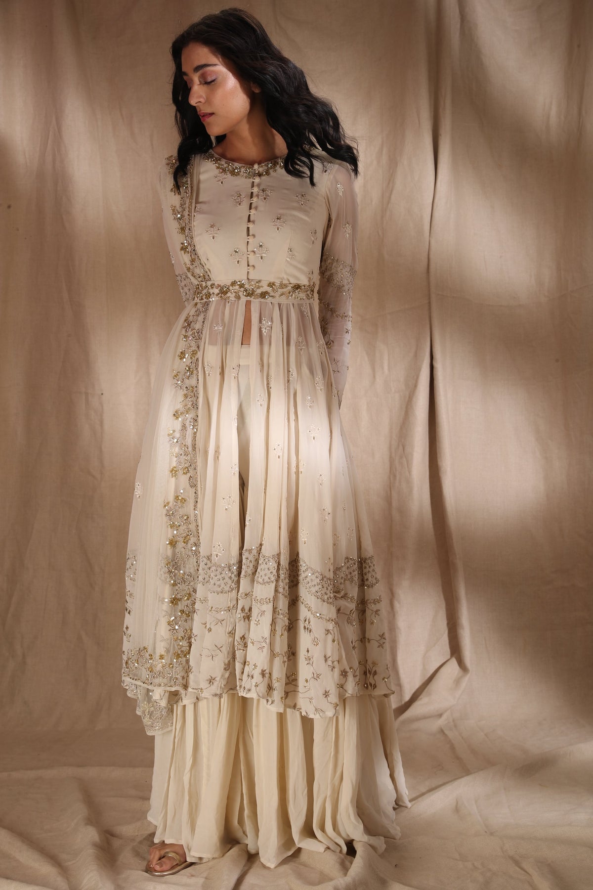 White And Gold Zari Front Open Jacket Set