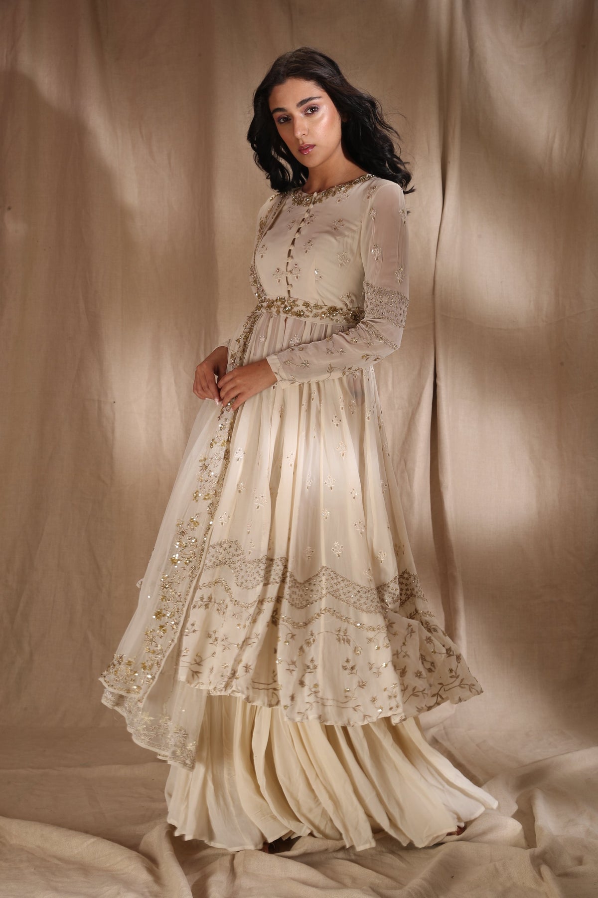 White And Gold Zari Front Open Jacket Set