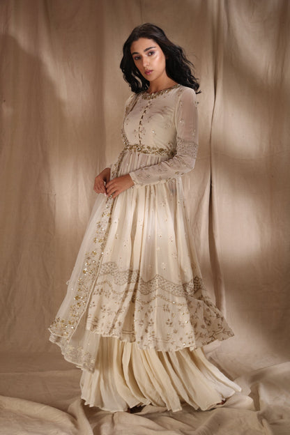White And Gold Zari Front Open Jacket Set