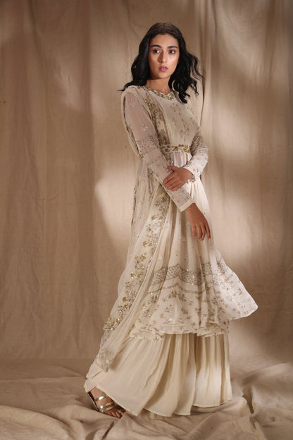 White And Gold Zari Front Open Jacket Set