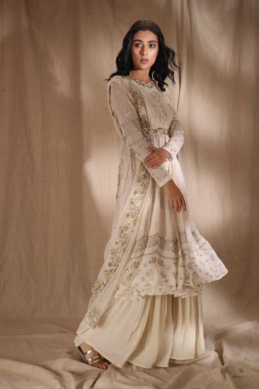 White And Gold Zari Front Open Jacket Set