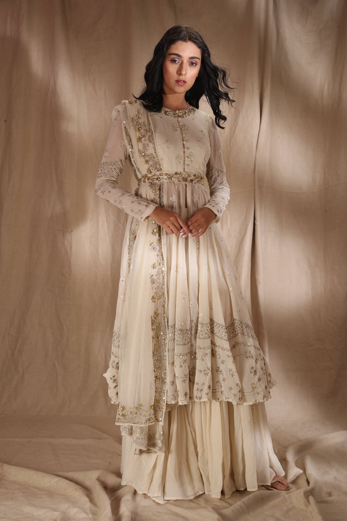 White And Gold Zari Front Open Jacket Set