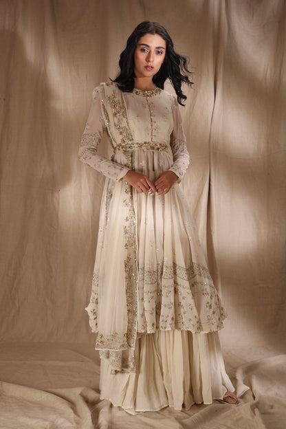 White And Gold Zari Front Open Jacket Set
