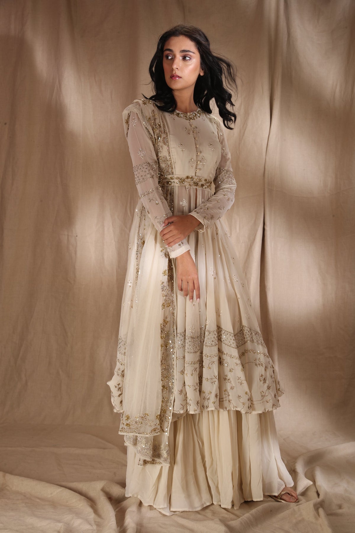 White And Gold Zari Front Open Jacket Set