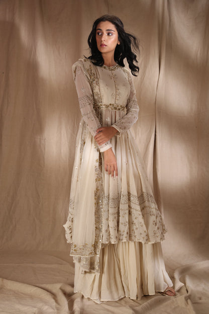 White And Gold Zari Front Open Jacket Set