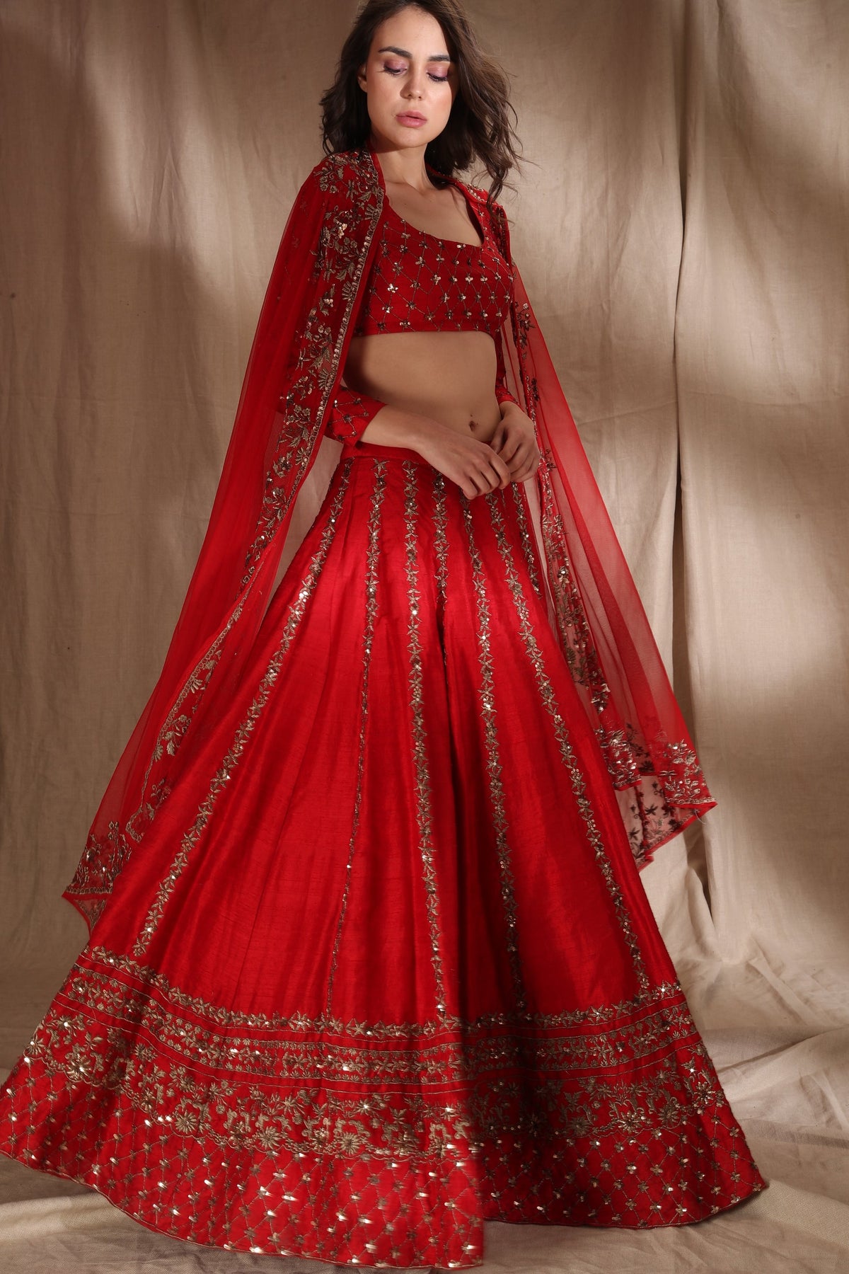 Red Zari Raw Silk Lehenga