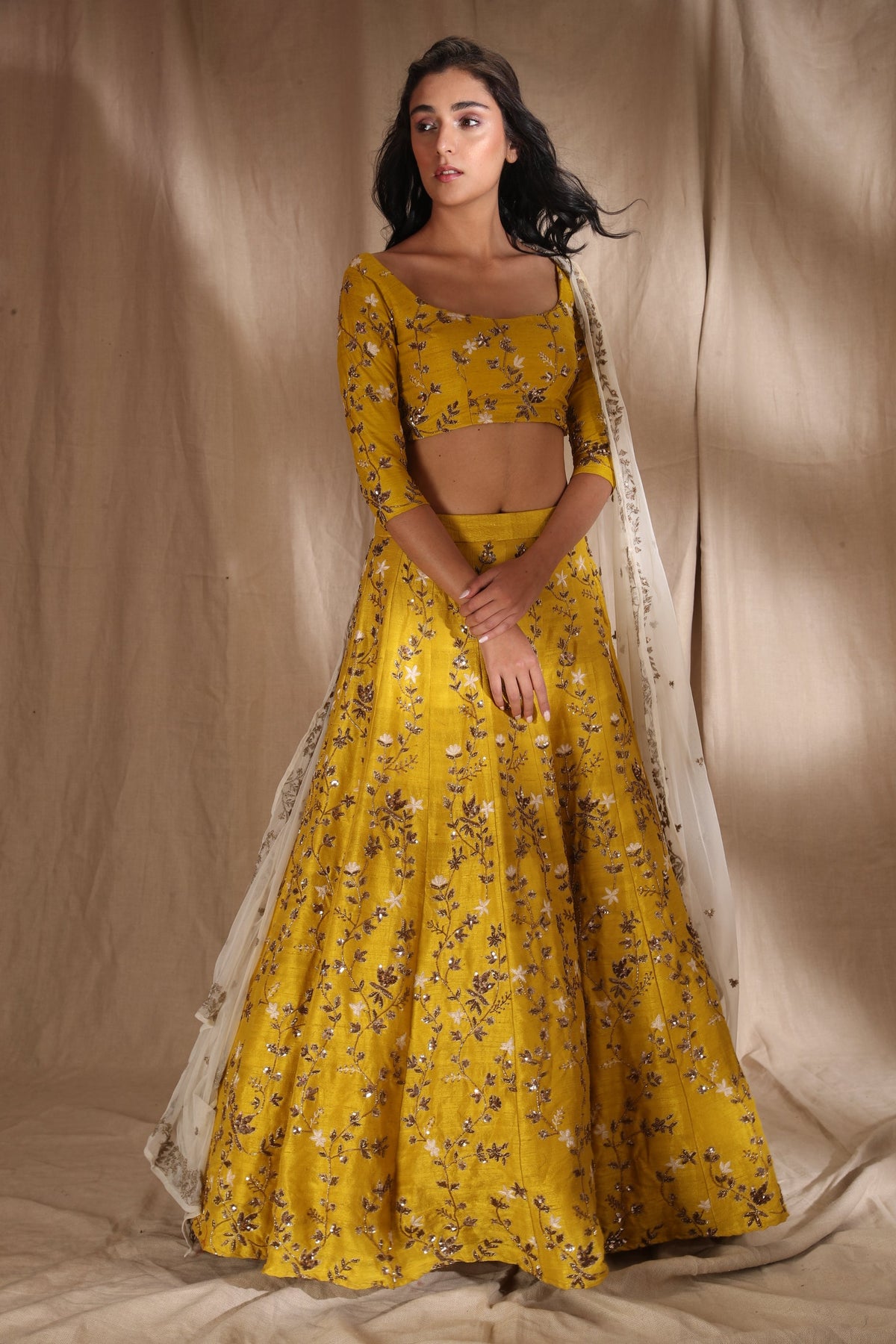 Mustard Zari Lehenga With Of White Dupatta