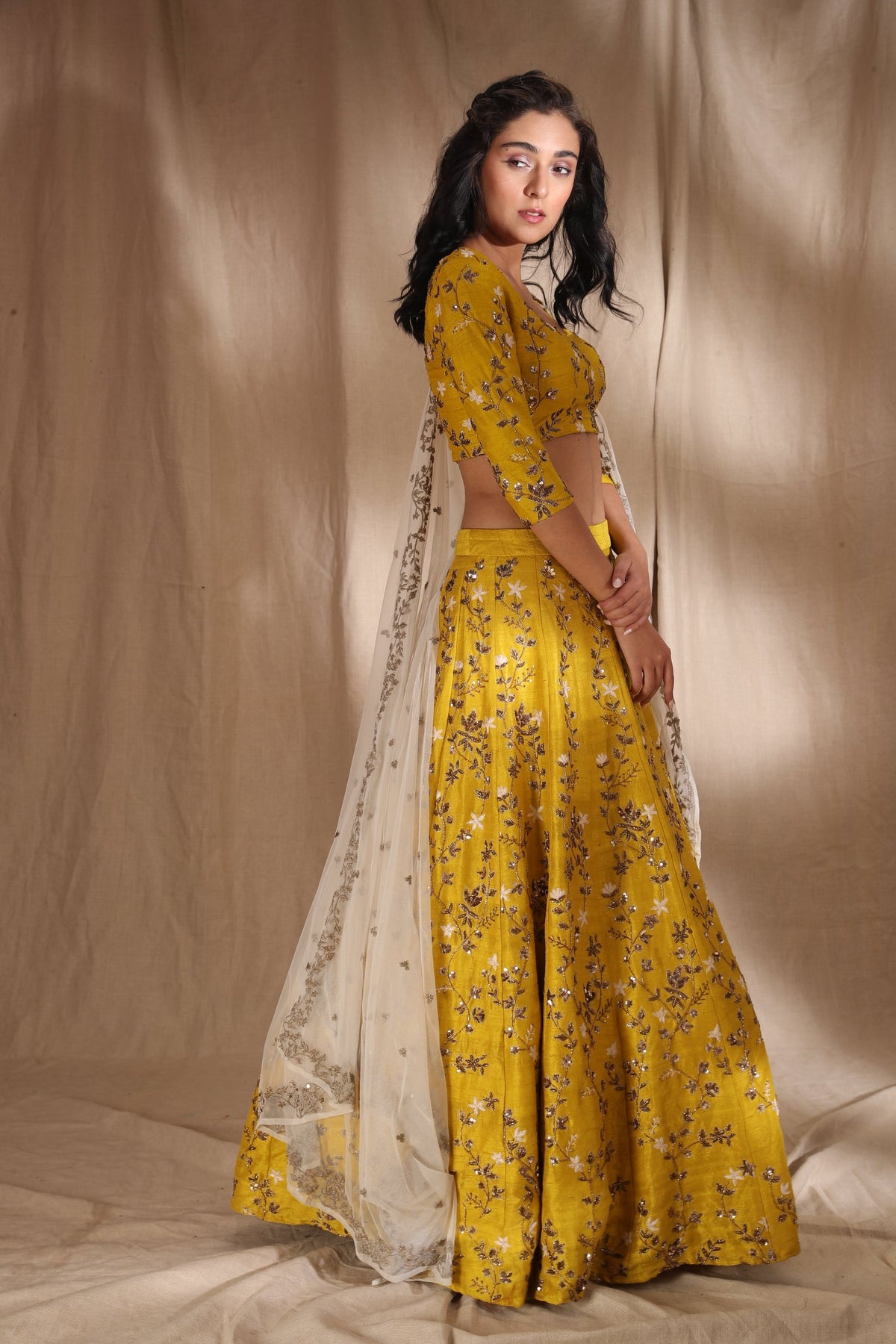 Mustard Zari Lehenga With Of White Dupatta