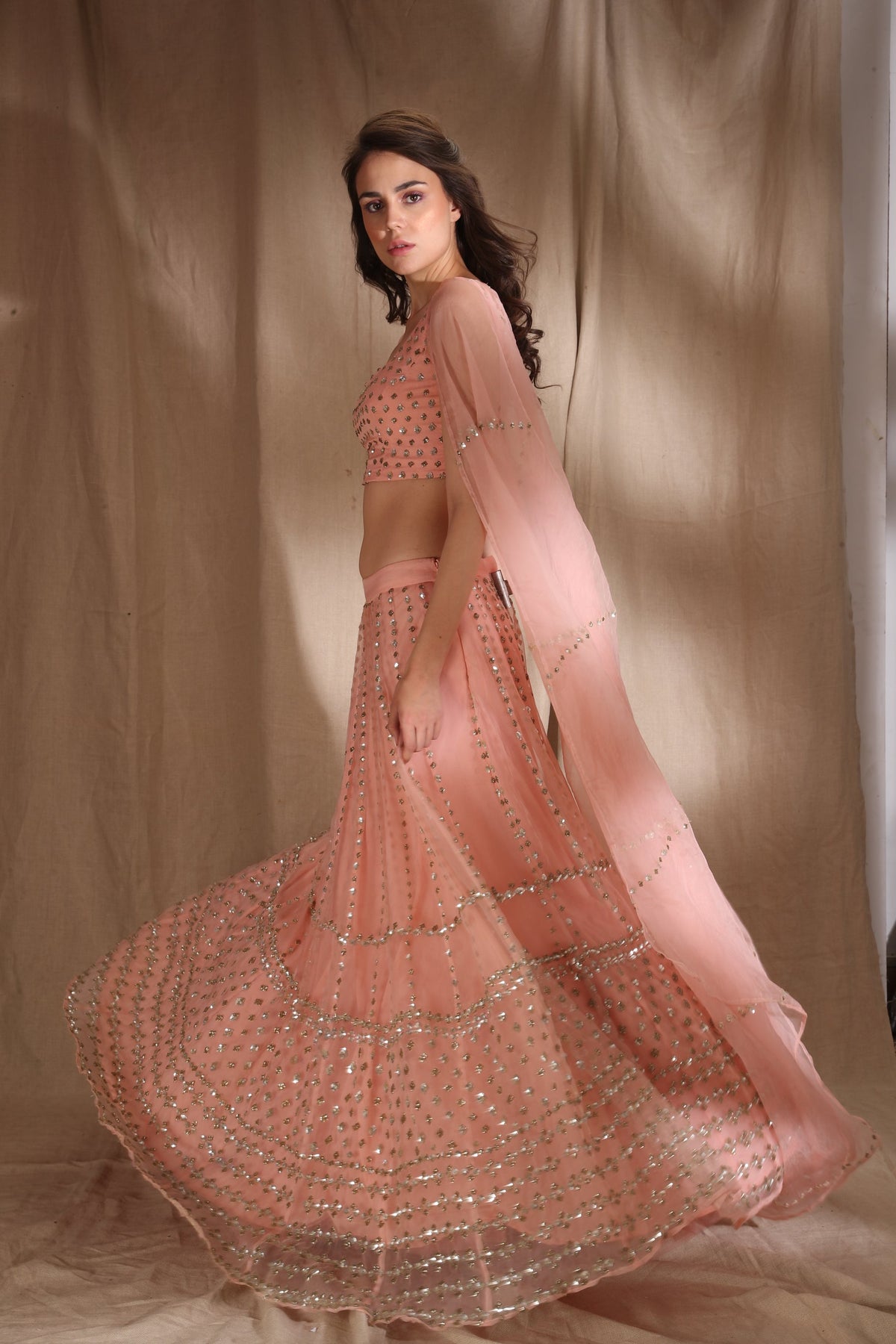 Peach Pink And Silver Sequin Lehenga
