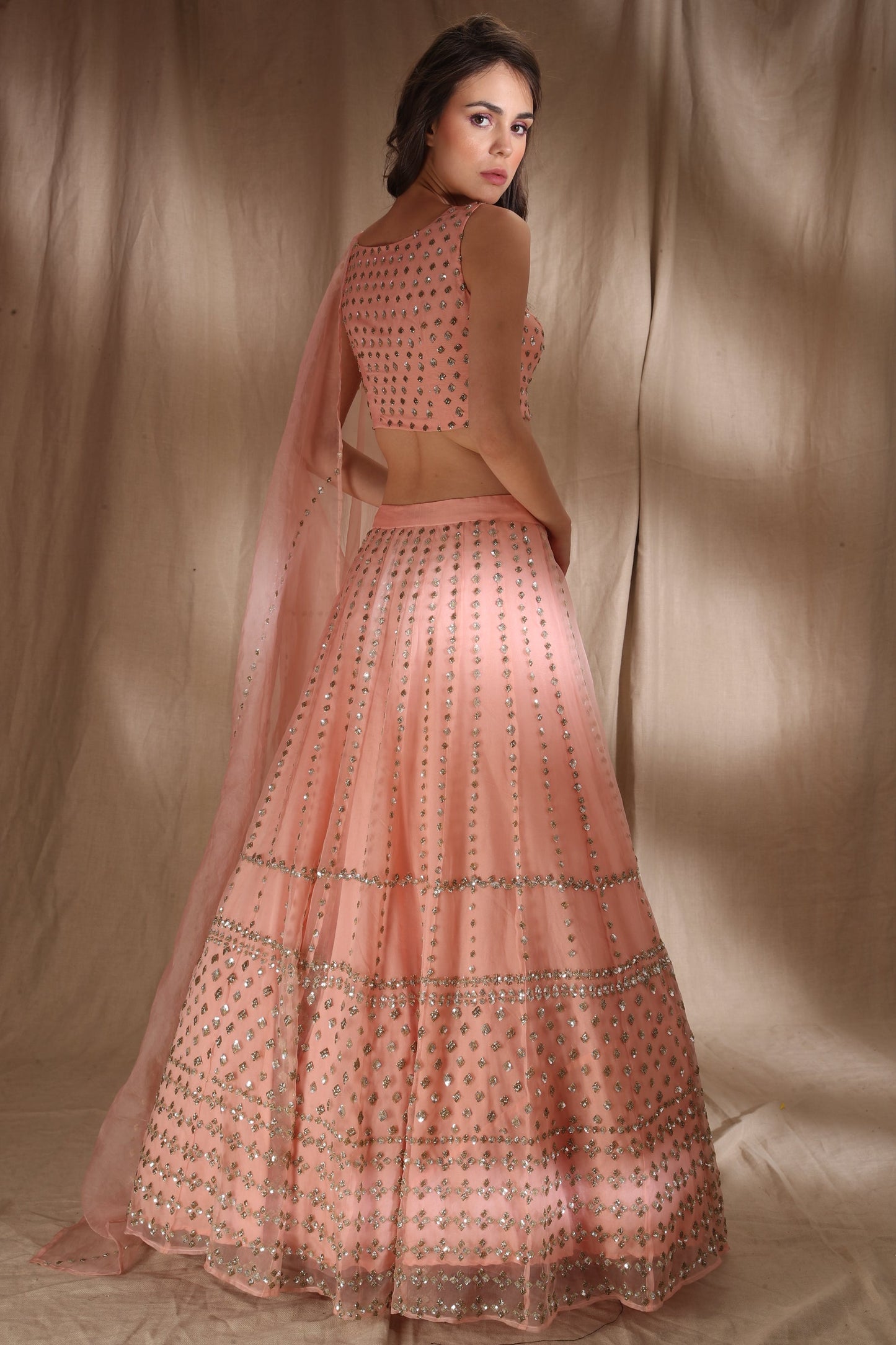 Peach Pink And Silver Sequin Lehenga