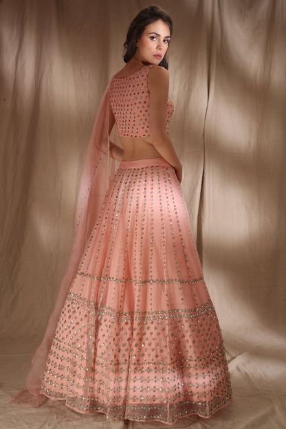 Peach Pink And Silver Sequin Lehenga
