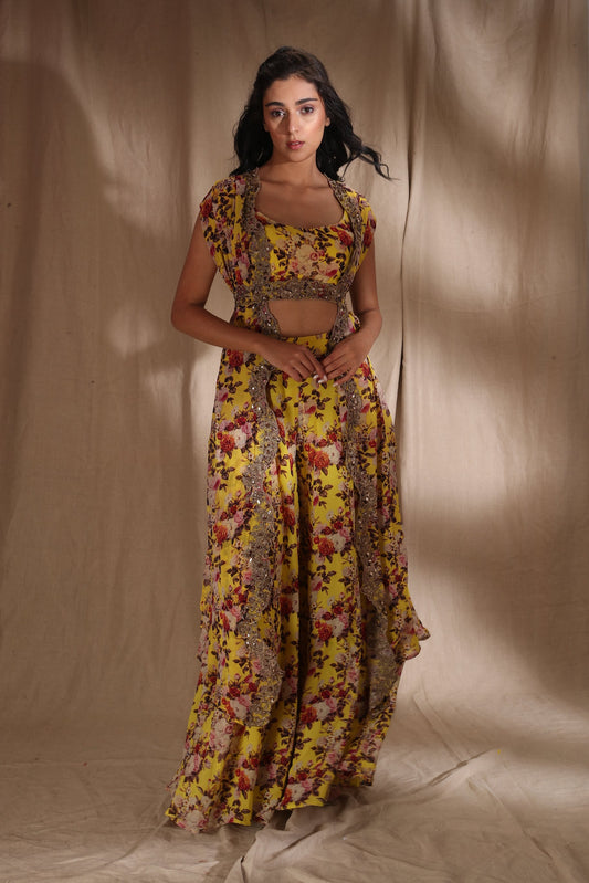Mustard Floral Crop Top With Sharara Pants