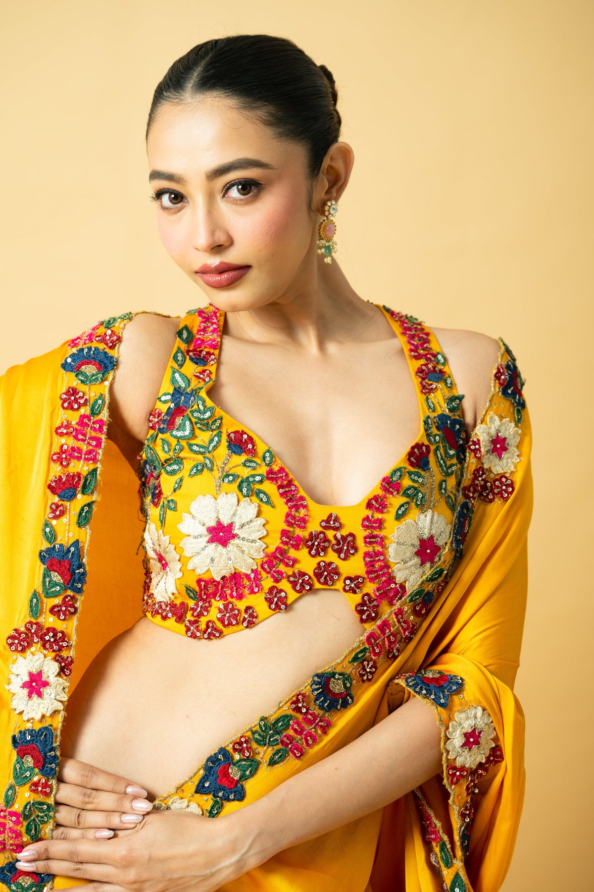 Golden Yellow Satin Saree with 3D Hand Embroidery