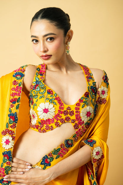 Golden Yellow Satin Saree with 3D Hand Embroidery