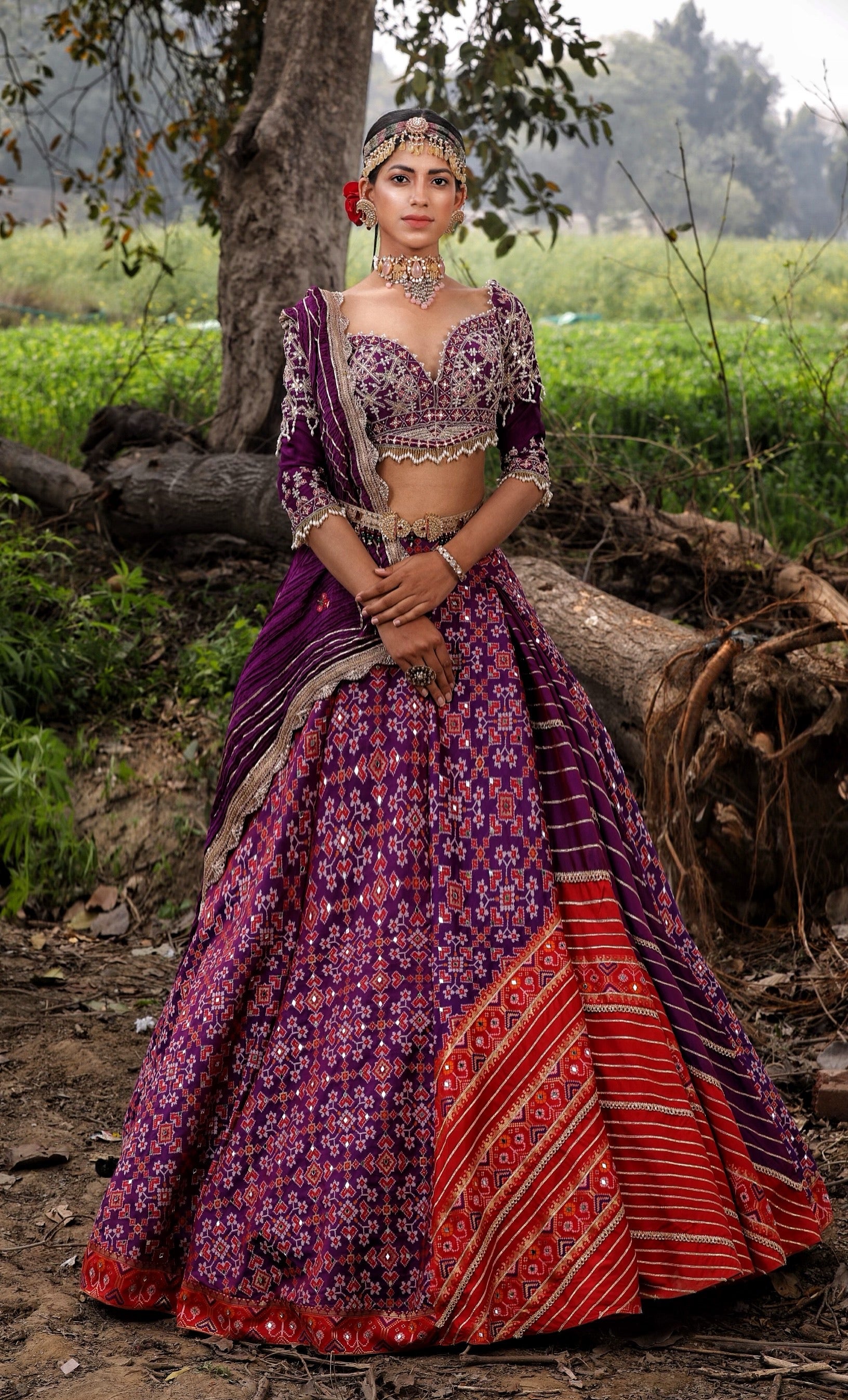 Red & Purple Banarasi Embroidered Lehenga