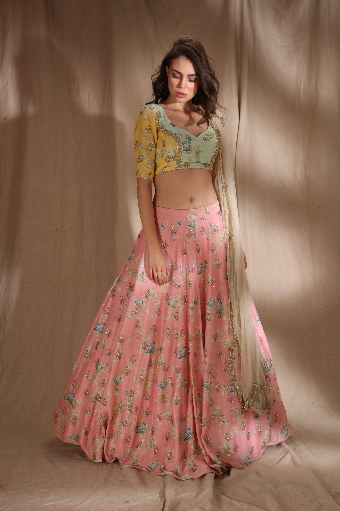 Pink And Lime Yellow Lehenga