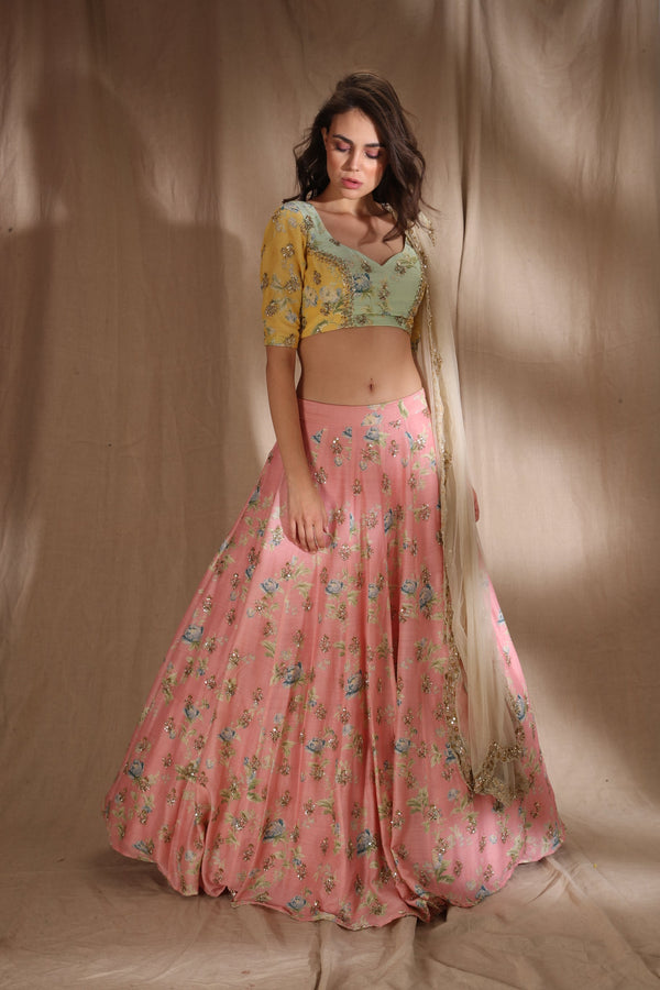 Pink And Lime Yellow Lehenga