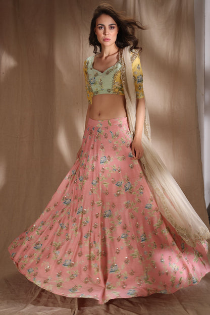 Pink And Lime Yellow Lehenga