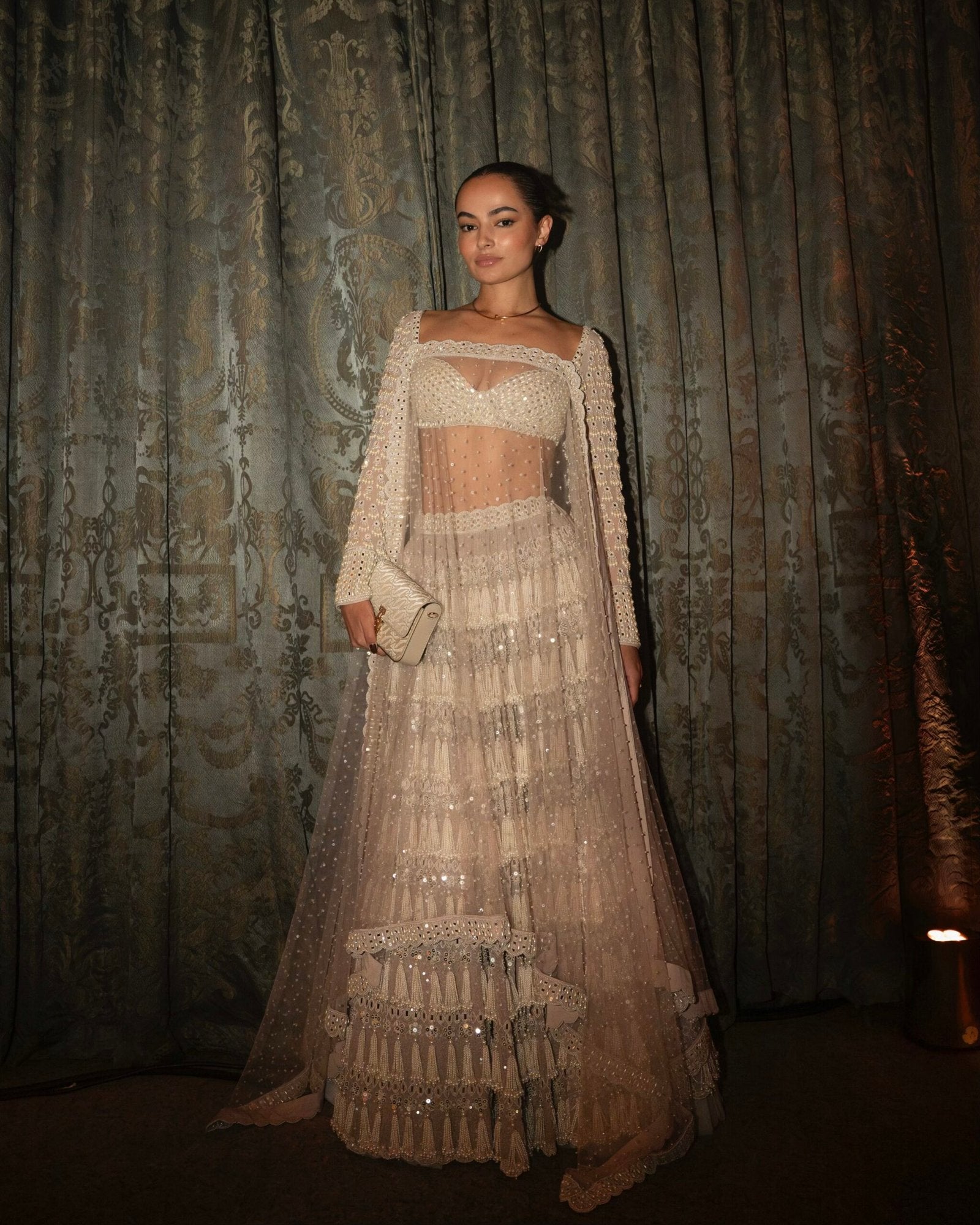 Piroi Ash Pink Chandelier Pearl Drop Full Sleeve Lehenga Set (CAT ROBERTS)