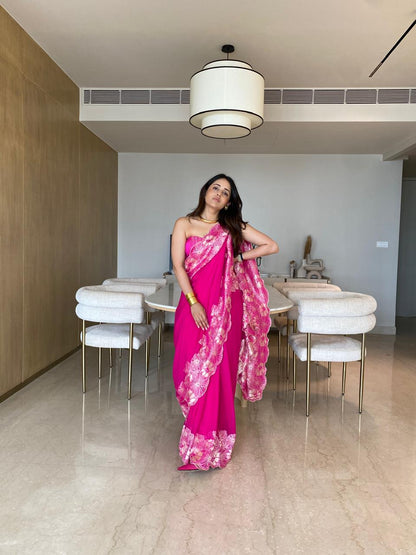 Handwoven Pink Georgette Saree