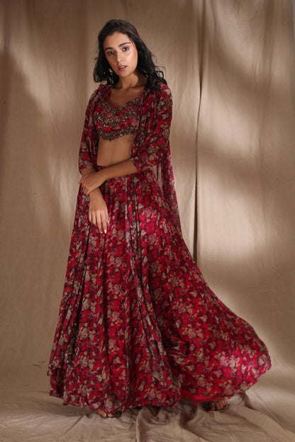 Hot Pink Floral Lehenga With Cape