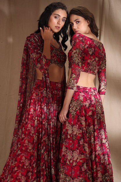 Hot Pink Floral Lehenga Set