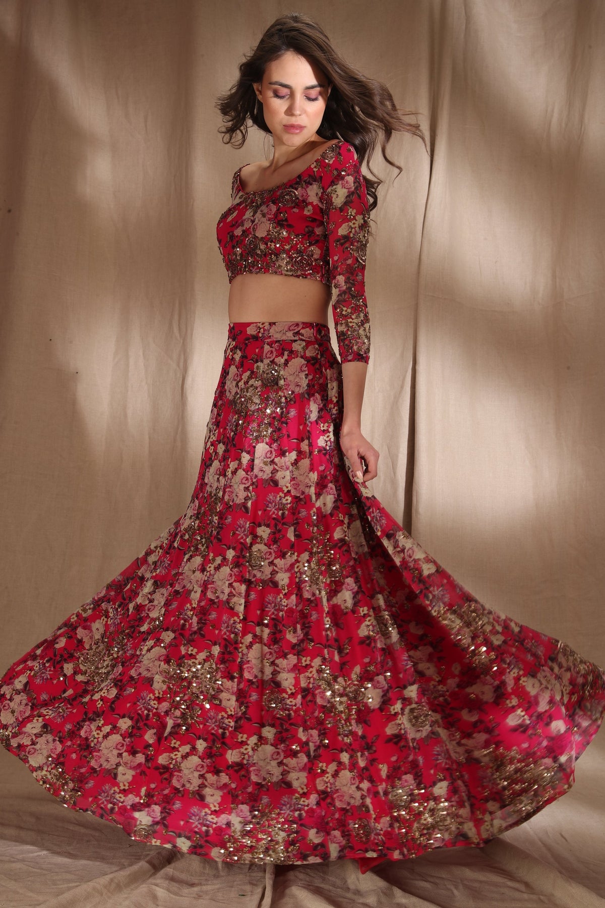 Hot Pink Floral Lehenga Set
