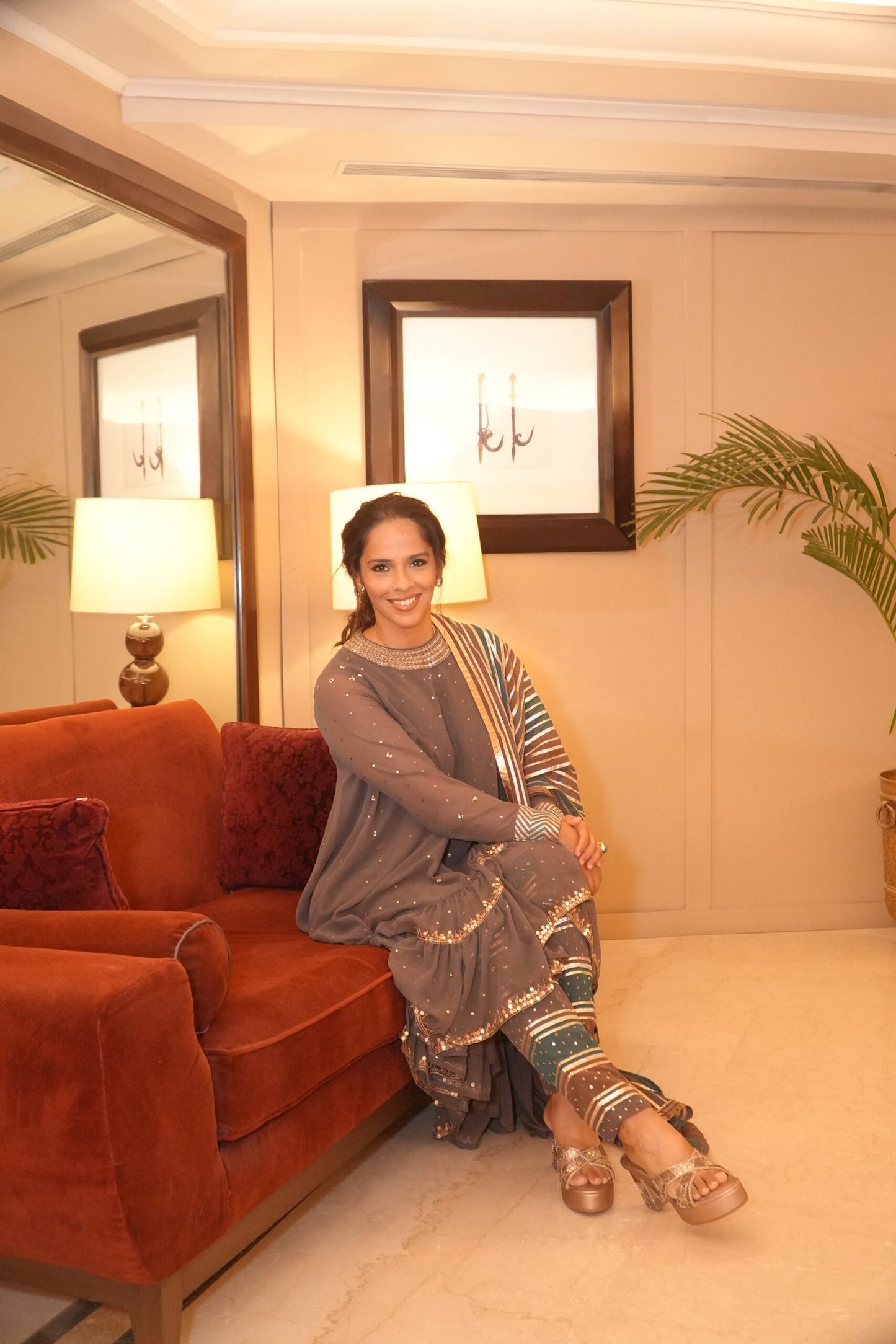 SAINA NEHWAL In Charcoal Grey Round Neck Asymmetrical Kurta Pant Set
