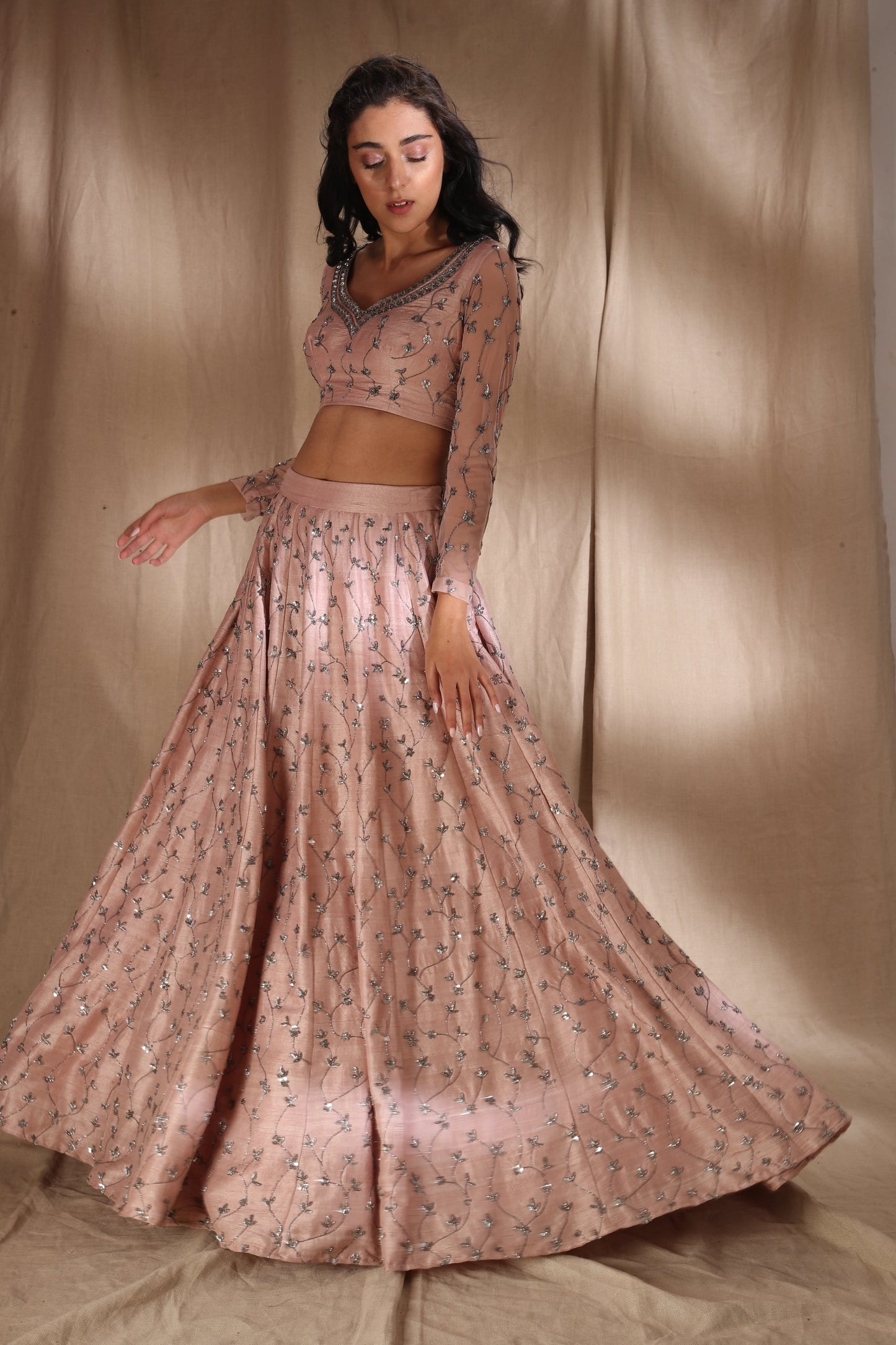 Pale Pink Raw Silk Lehenga