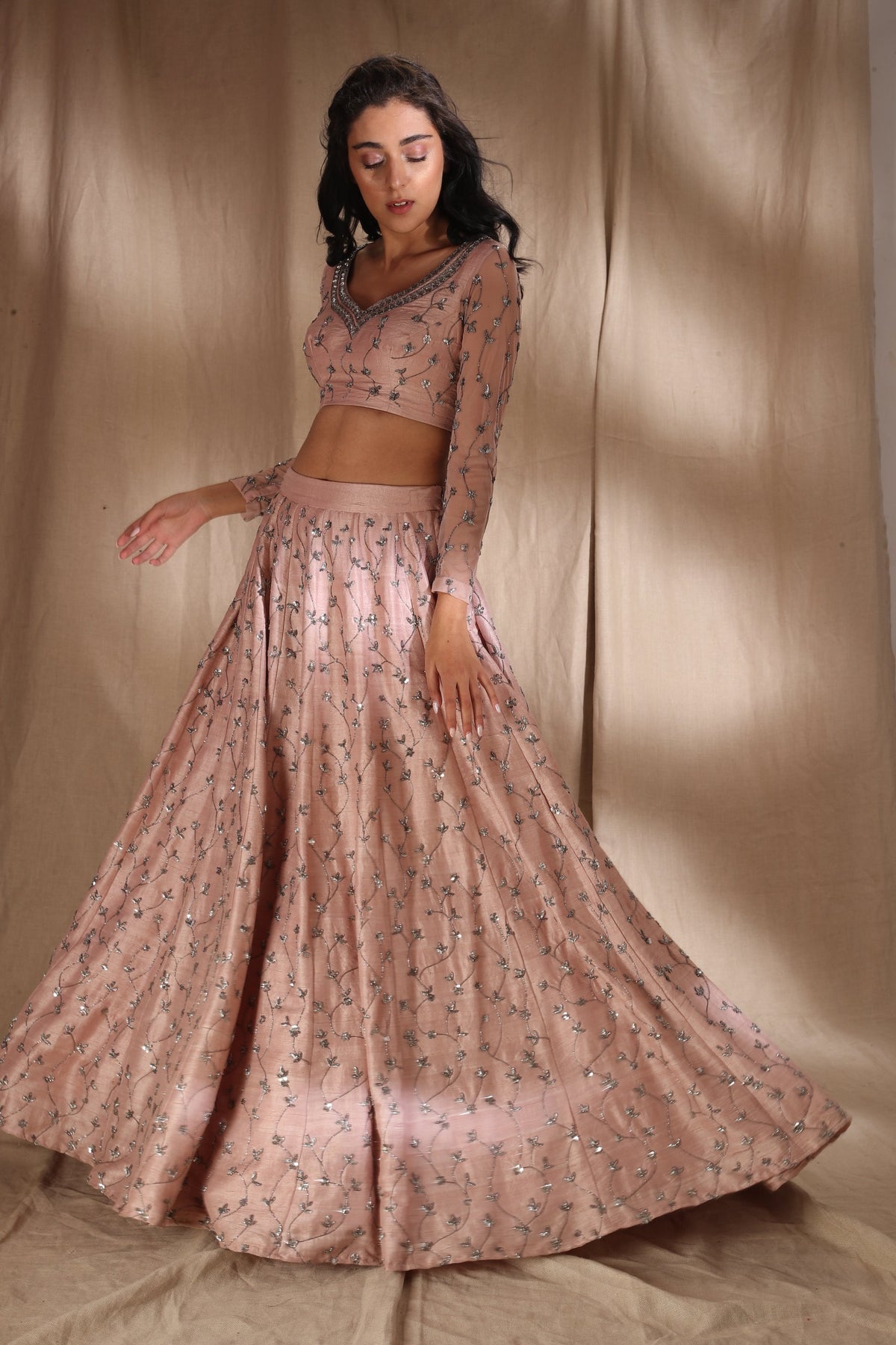 Pale Pink Raw Silk Lehenga