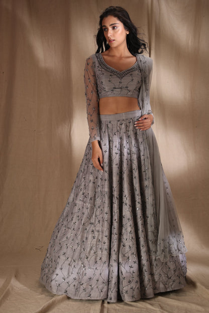 Grey Silver Raw Silk Lehenga