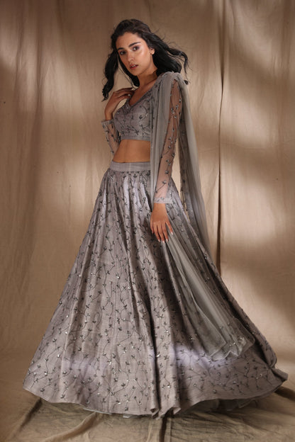 Grey Silver Raw Silk Lehenga