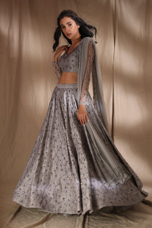 Grey Silver Raw Silk Lehenga