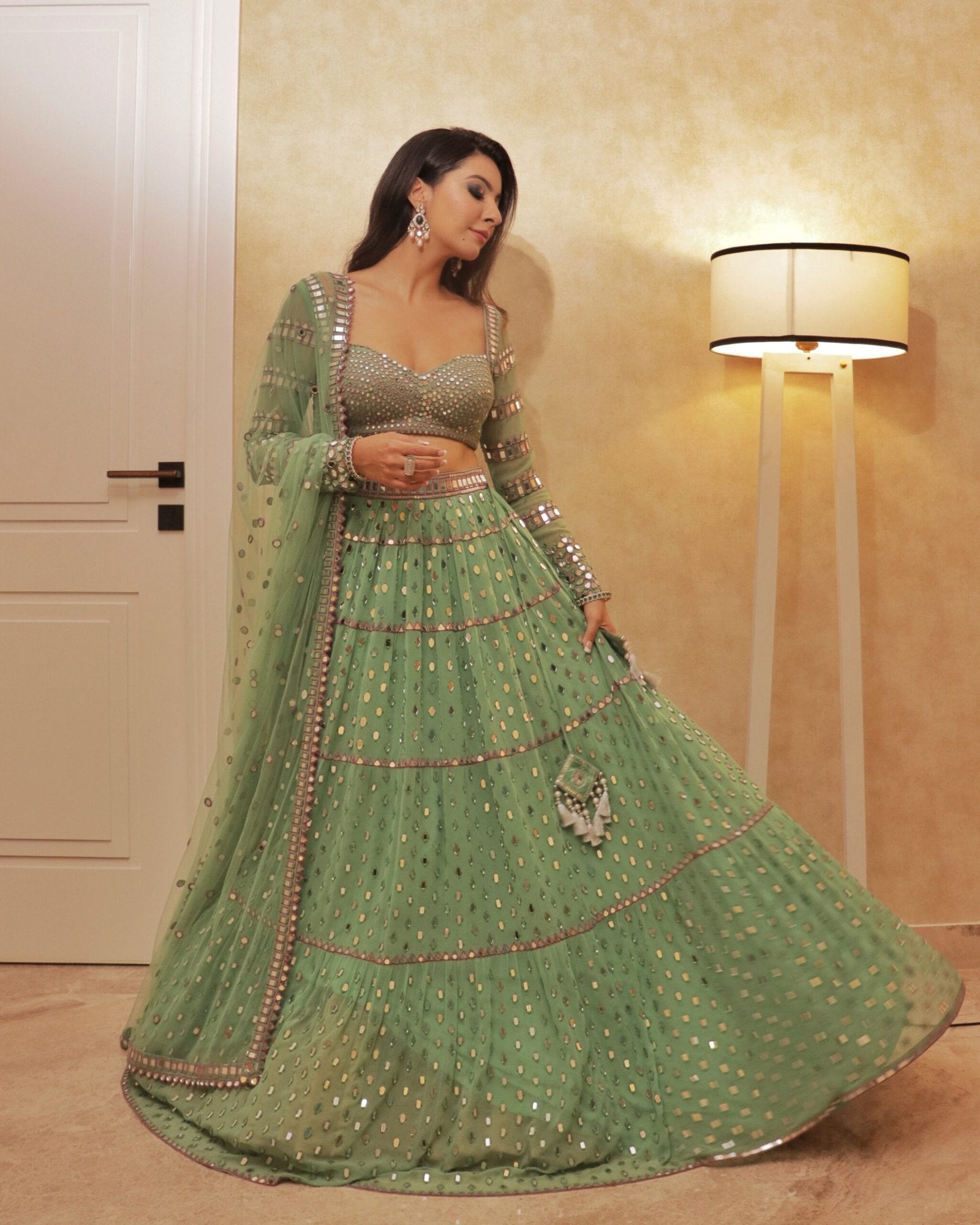 Tier Dull Mint Lehenga Set (NIKKI MEHRA)