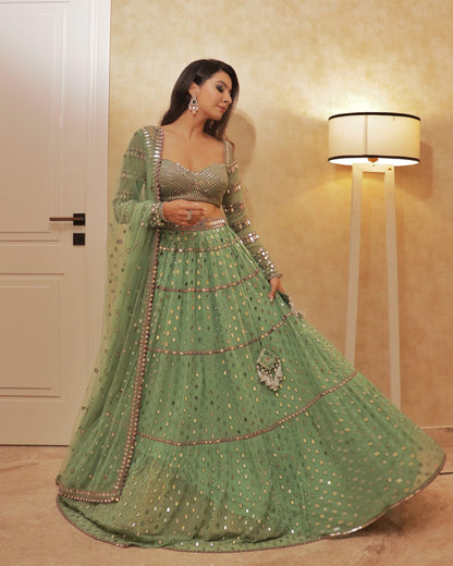 Tier Dull Mint Lehenga Set (NIKKI MEHRA)