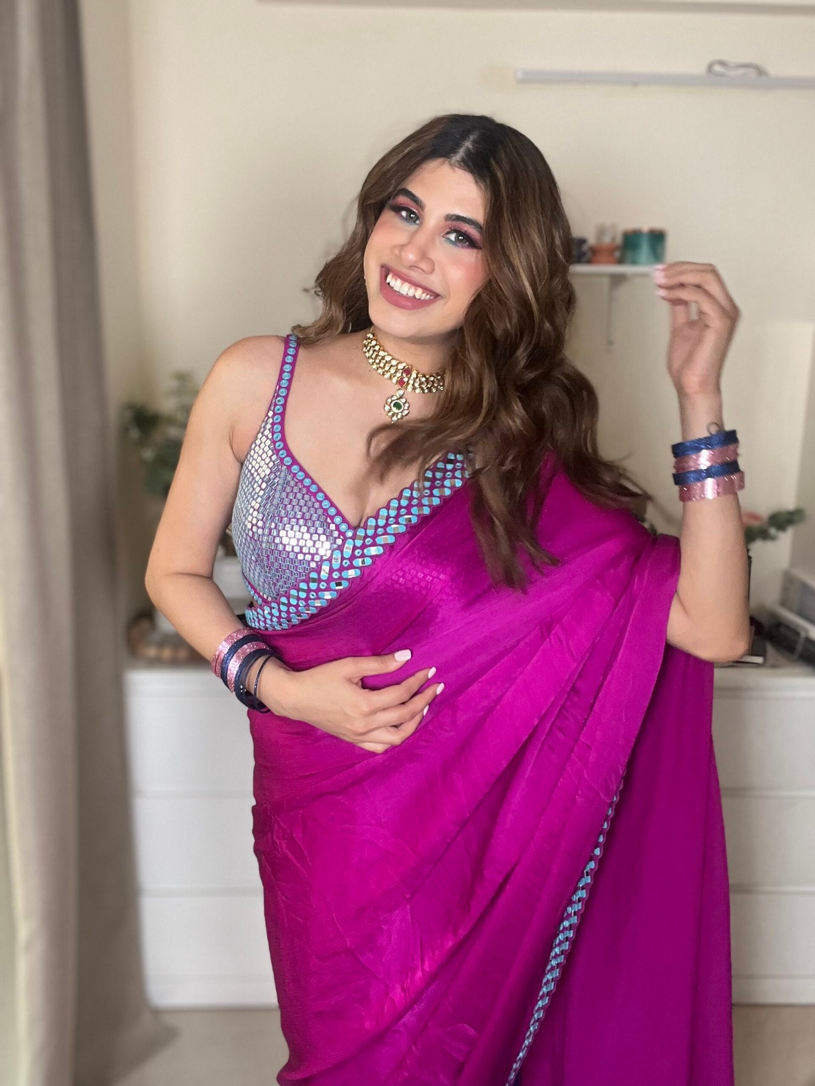 MALVIKA SITLANI IN Pop Wine Satin Chiffon Saree Set