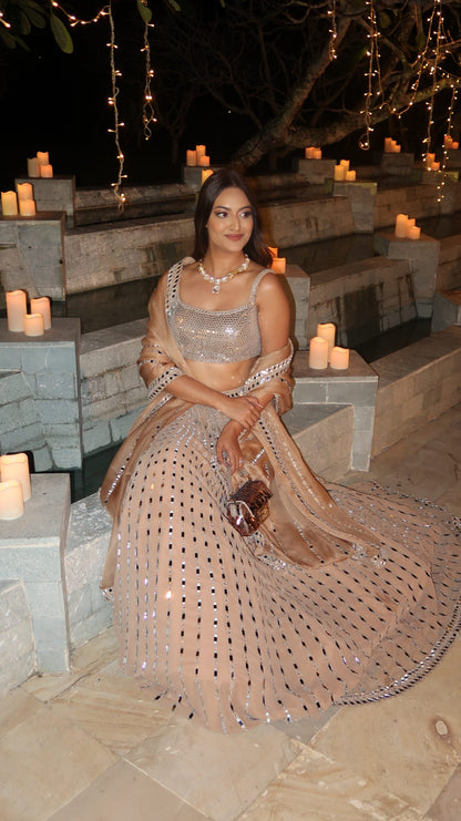 NATASHA SHAH In Chahak Beige Linear Lehenga With Metallic Blouse