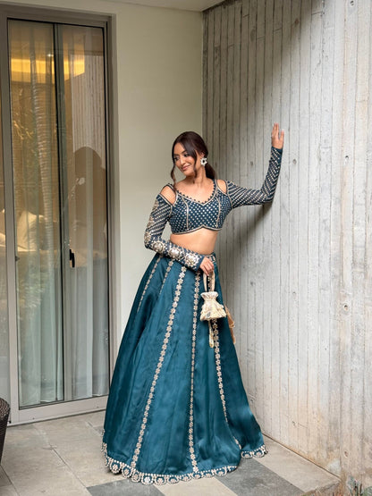 NATASHA SHAH In Dark Teal Flower Linear Lehenga Set